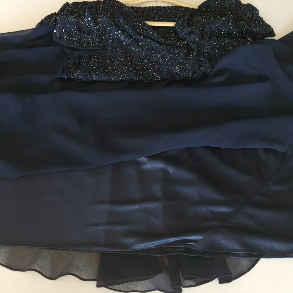 JKARA Chiffon Evening Dress Plus Size 18W Navy Blue, Sequin Bodice - Picture 6 of 12